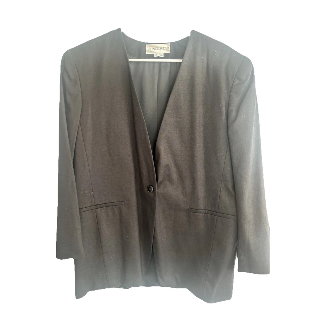 Jones Wear Women's 18 Black Linen Collarless Blazer Jacket Single Button Classic